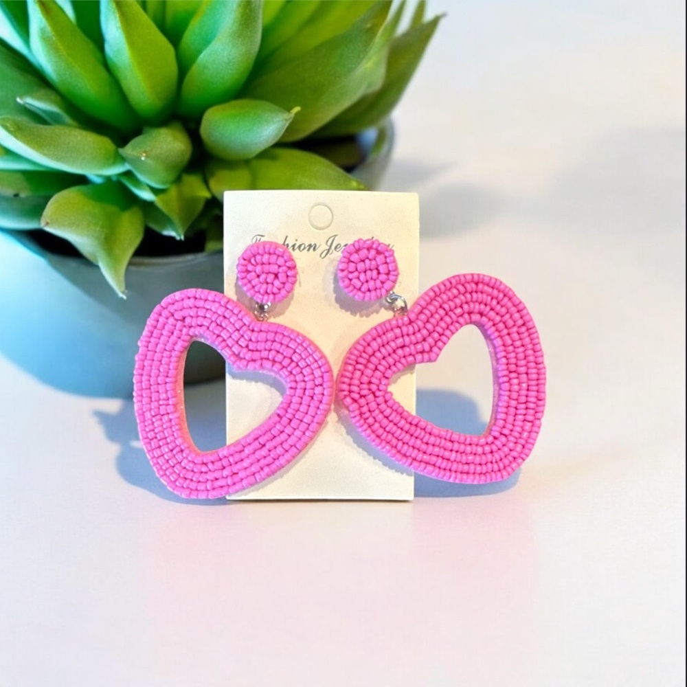 Pink Beaded Heart Earrings